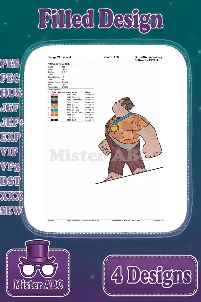 Design worksheet for standing Wreck-It Ralph, detailing stitch count, color changes, and recommended hoop size.