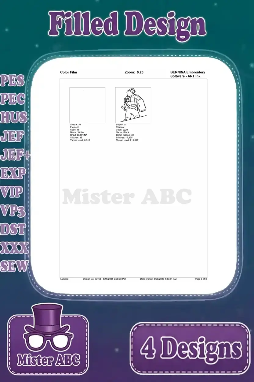 Color film page 3 for standing Wreck-It Ralph embroidery, detailing final stitch stops and design outline.