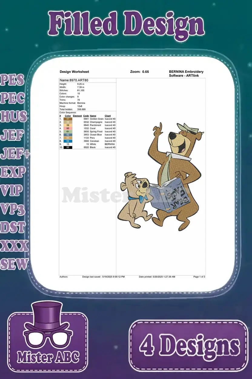 Detailed design worksheet for the Yogi Bear and Boo Boo reading embroidery design. Includes stitch count, color changes, and thread chart for precise crafting.