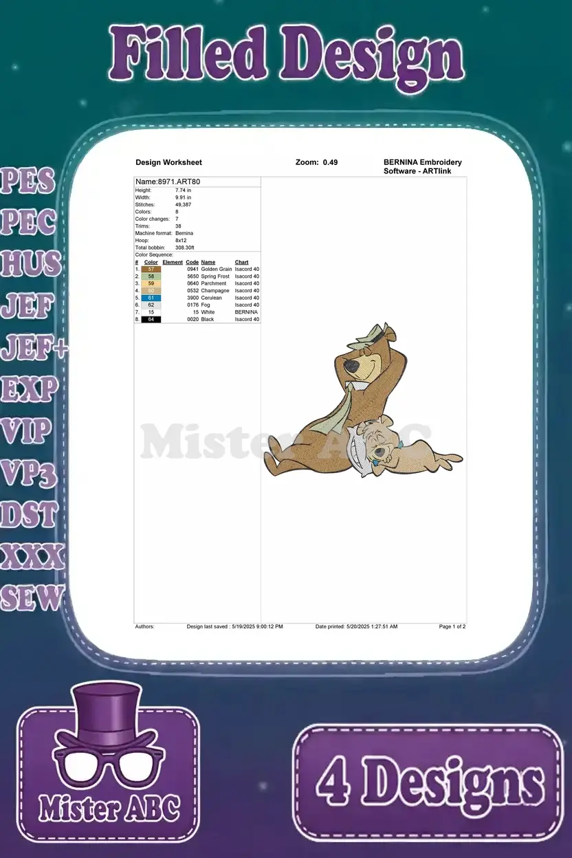 Design worksheet for the Yogi Bear and Boo Boo relaxing embroidery design, detailing stitch count, color changes, and thread information.