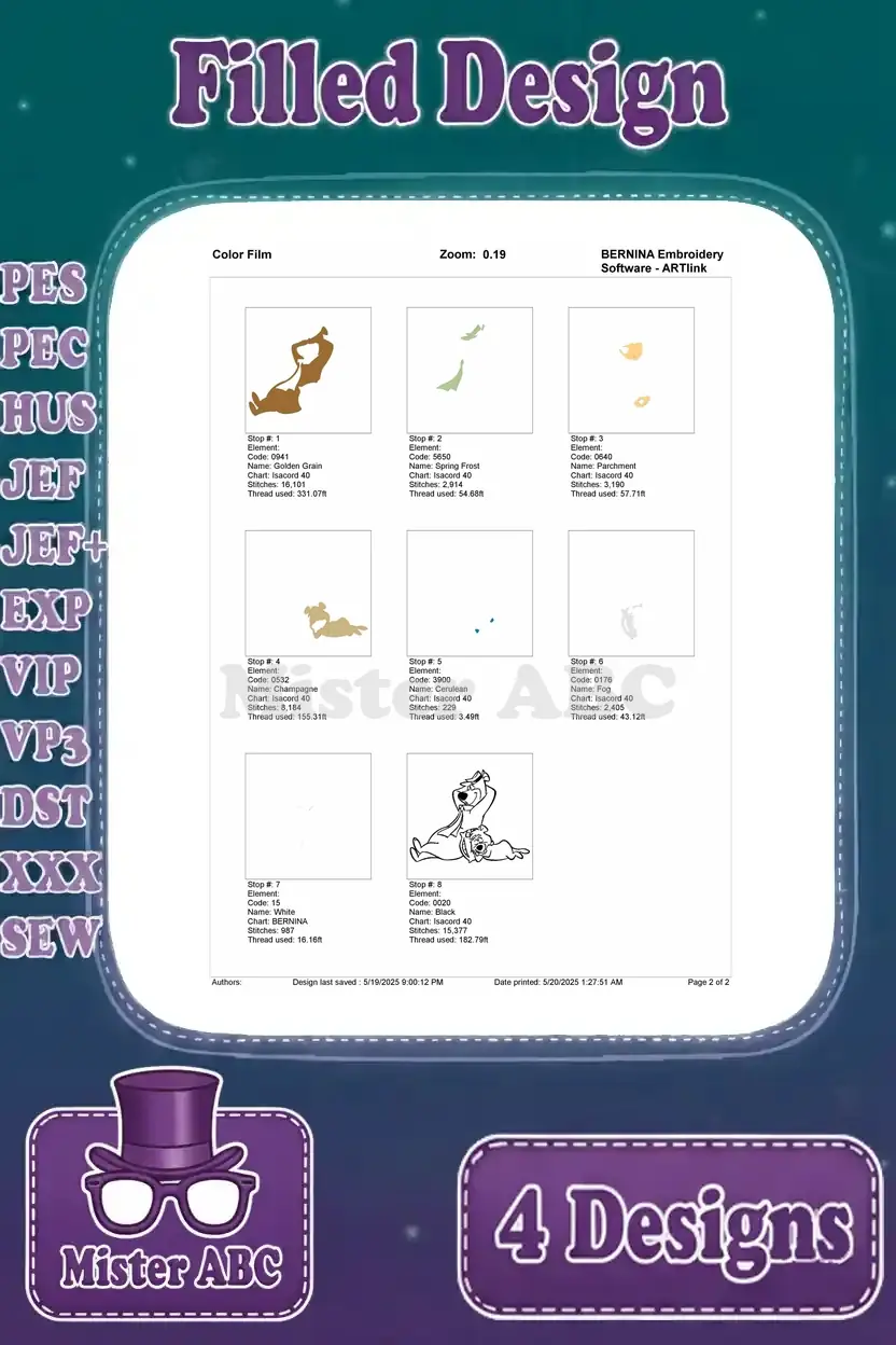 Color film for the Yogi Bear and Boo Boo relaxing embroidery design, showing all color stops and stitch sequences for precise execution.