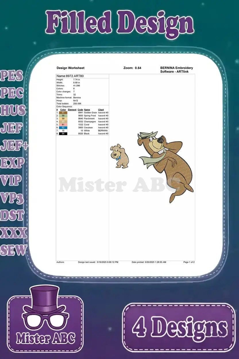 Design worksheet for the Yogi Bear running with Boo Boo embroidery design, detailing stitch count, color changes, and thread information.