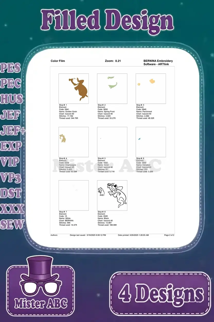 Color film for the Yogi Bear running with Boo Boo embroidery design, showing all color stops and stitch sequences for precise execution.