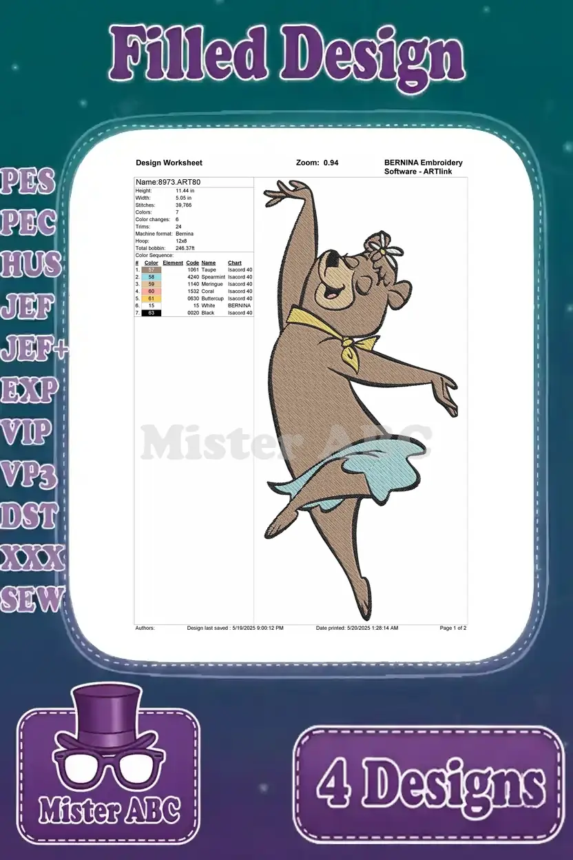 Design worksheet for the Cindy Bear dancing embroidery design, detailing stitch count, color changes, and thread information.