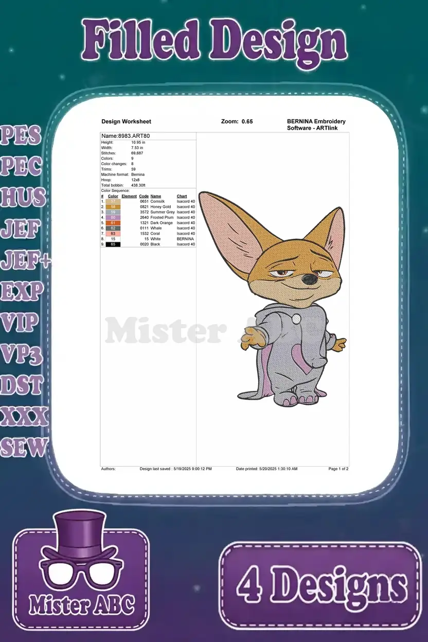 Detailed embroidery worksheet for the baby Nick Wilde character design, showing stitch count, colors, and parameters.