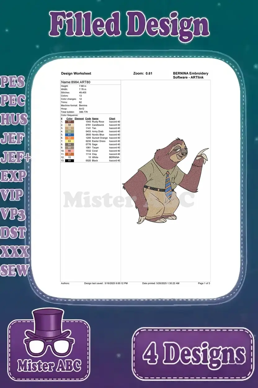 Detailed embroidery worksheet for the Flash the sloth character design, showing stitch count, colors, and parameters.
