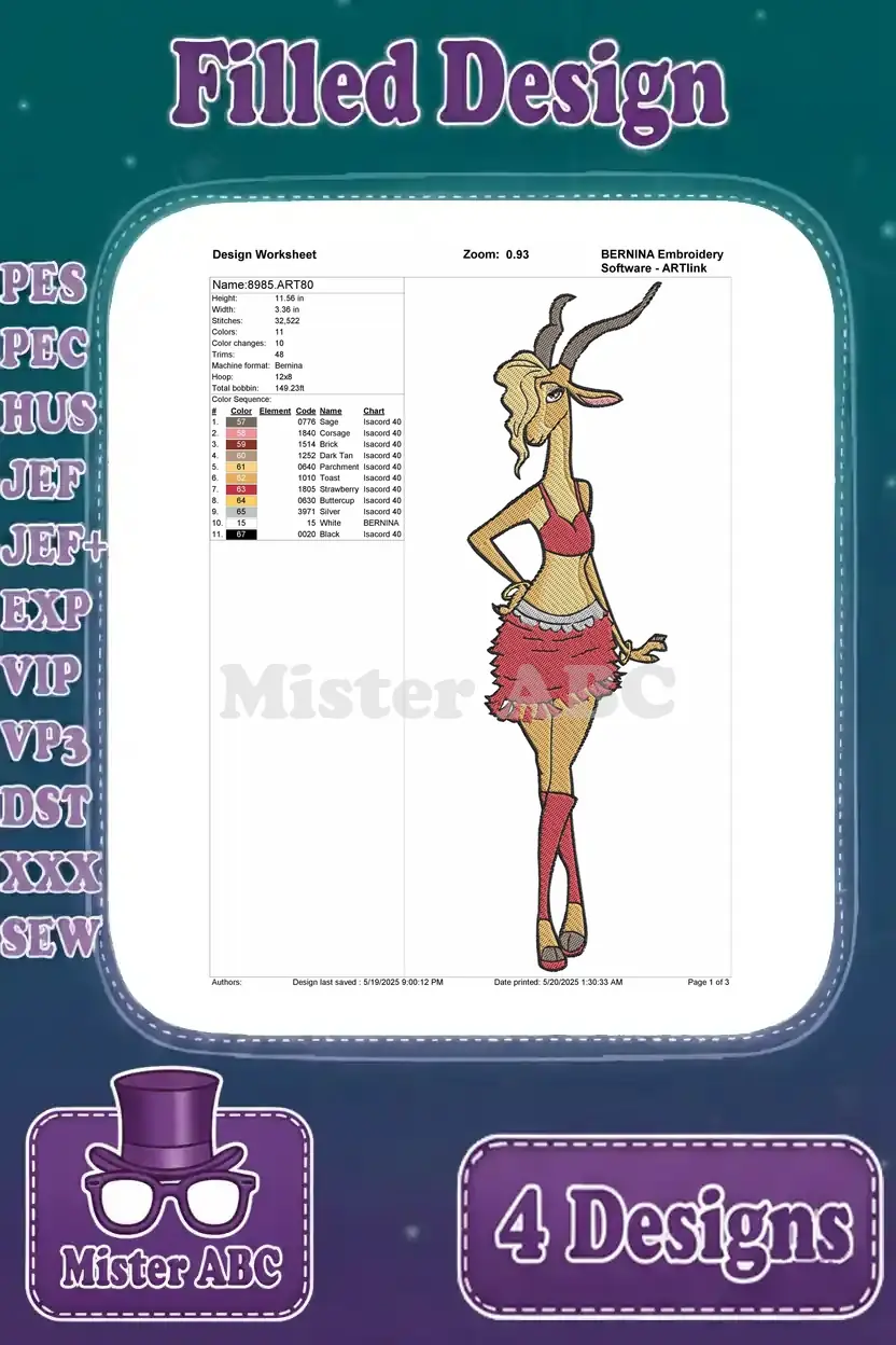 Detailed embroidery worksheet for the Gazelle character design, showing stitch count, colors, and design parameters.