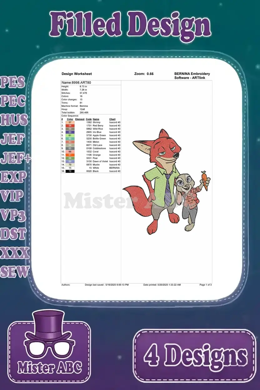 Zootopia Nick Wilde and Judy Hopps playful pose embroidery design worksheet, detailing stitches and colors.