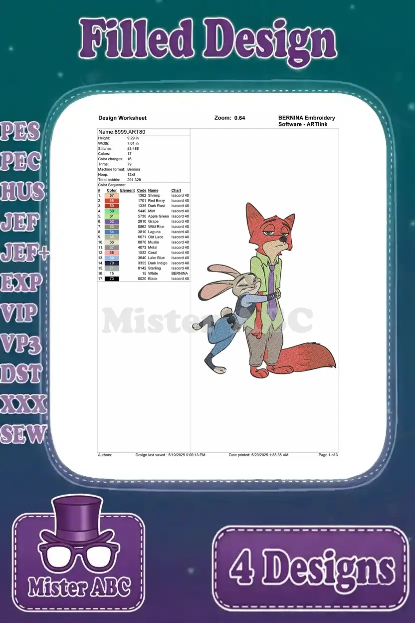 Zootopia Nick Wilde and Judy Hopps second pose embroidery design worksheet, with detailed stitch info.