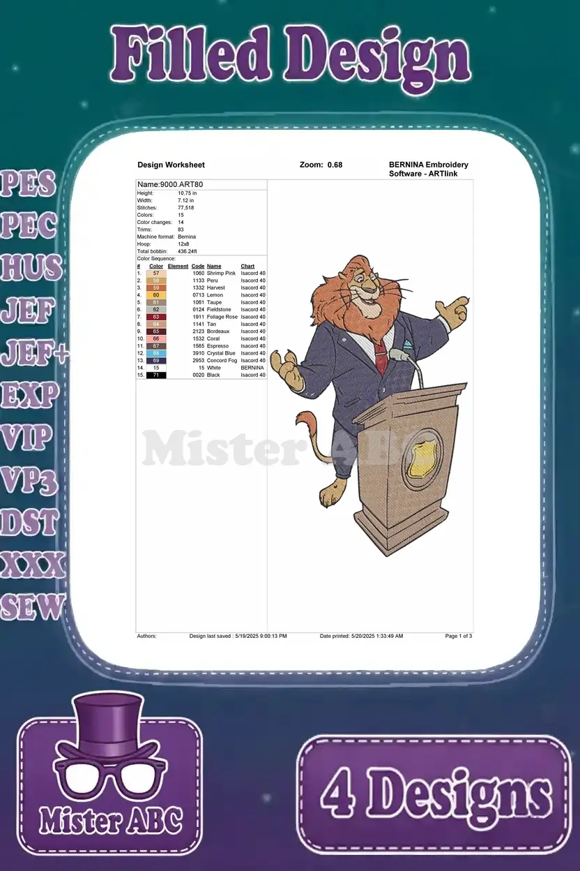Zootopia Mayor Lionheart at podium embroidery design worksheet, detailing stitches and color information.