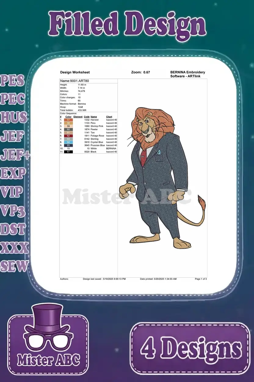 Zootopia Mayor Lionheart standing embroidery design worksheet, with detailed stitch and color information.