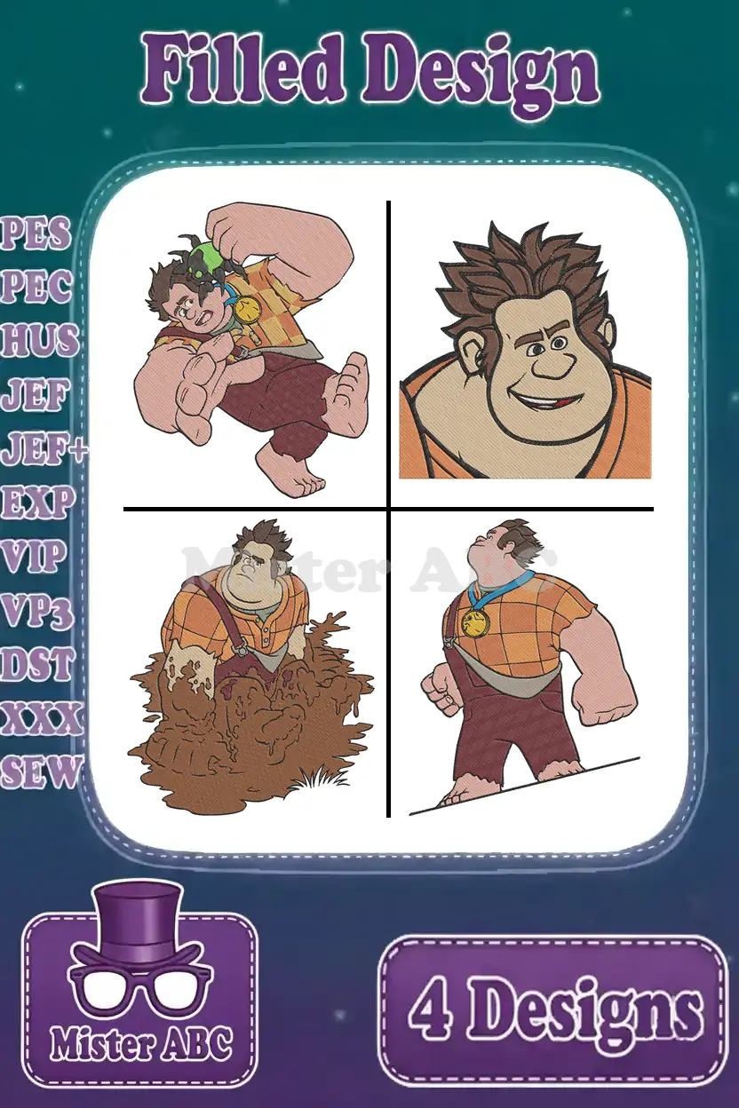 Four vibrant filled embroidery designs of Wreck-It Ralph, showcasing various poses, perfect for Disney fans and crafters.