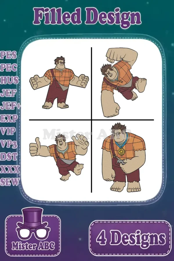 Wreck-It Ralph filled embroidery design bundle showcasing four distinct, dynamic poses in various machine formats.