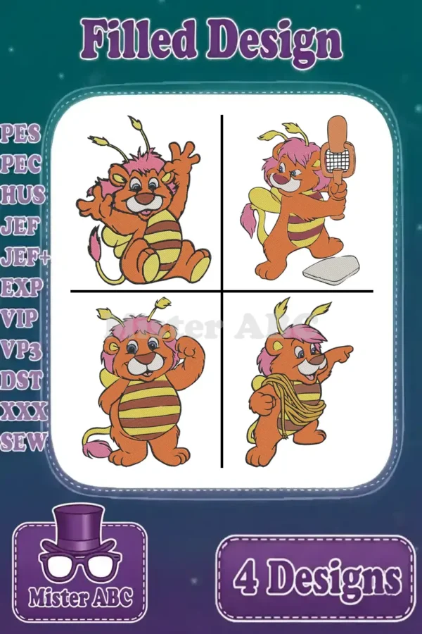 Four vibrant filled embroidery designs of a cute Bumble Lion character, ready for various creative projects and apparel.