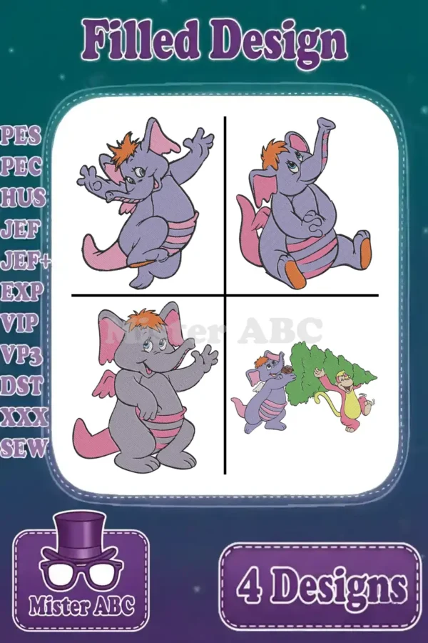 Four vibrant filled embroidery designs of a cartoon baby elephant in different poses, including one with a monkey.
