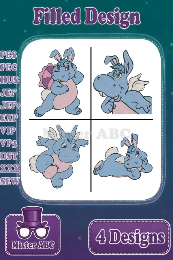 Four charming filled embroidery designs of a blue hippo-bunny character in various playful poses, showcasing supported formats.