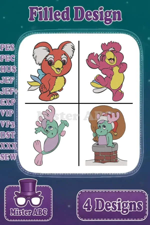 A vibrant bundle of four filled embroidery designs featuring a koala, a pink bird, and two green antlered creatures.