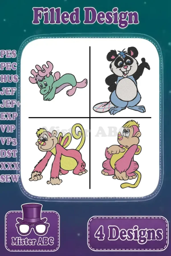 A vibrant collage showcasing four distinct embroidery designs: Sniff, Bert Raccoon, and two monkey-like characters, ready for crafting.