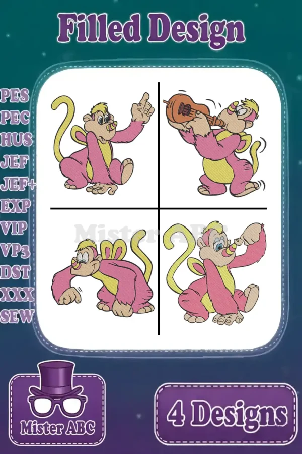 Four vibrant embroidery designs of Boots from Dora the Explorer, showcasing different playful poses and expressions.