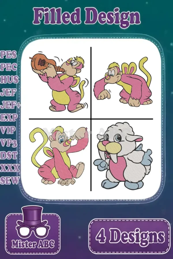 A vibrant collection of four filled embroidery designs: three playful pink monkeys and a cute walrus-like creature, ideal for various crafts.