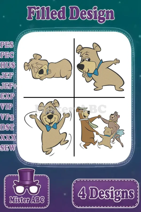 A vibrant collage of four filled embroidery designs featuring Yogi Bear, Boo Boo, and Cindy Bear in various poses.