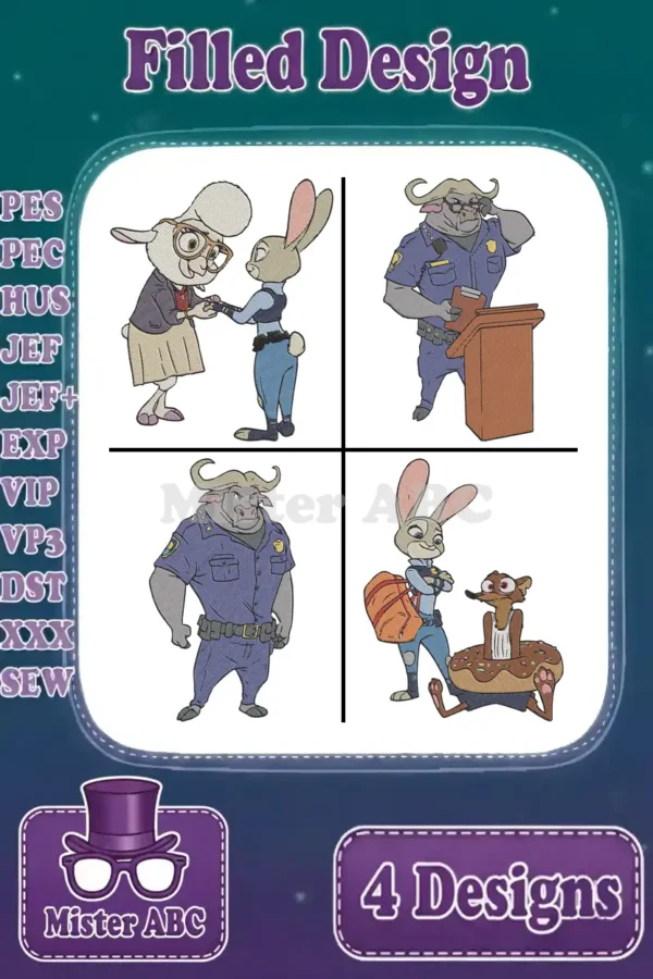 Overview of four Zootopia filled embroidery designs: Judy Hopps with Bonnie, Chief Bogo, and Judy with Nick Wilde.