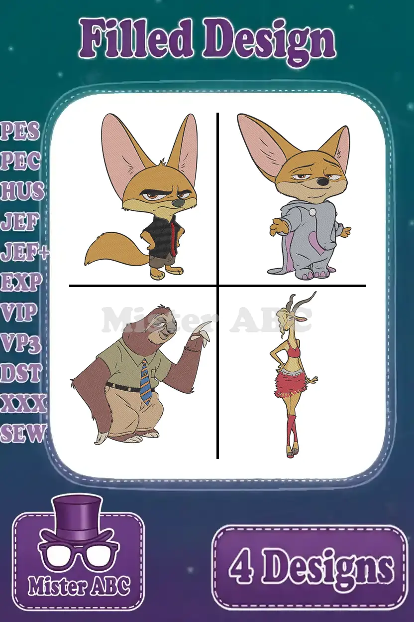 A vibrant collage showcasing four Zootopia filled embroidery designs: Finnick, baby Nick Wilde, Flash, and Gazelle, ready for crafting.