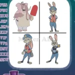 Zootopia Characters - Judy Hopps Police Officer - Mr Big The Arctic Shrew And Fru Fru - Disney Citizens - Filled Embroidery Design - Instant Download