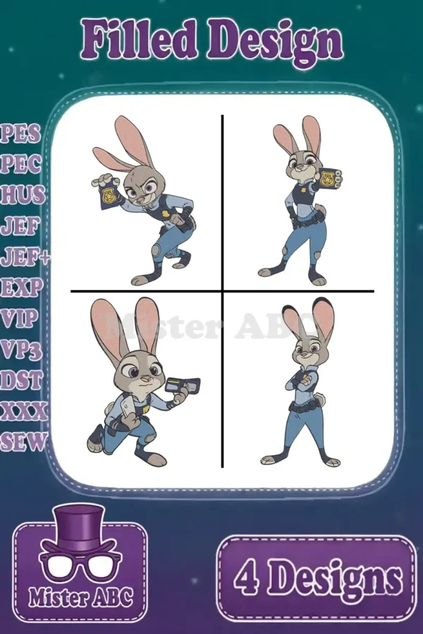 Four vibrant filled embroidery designs of Judy Hopps from Zootopia in various action poses, ready for stitching.