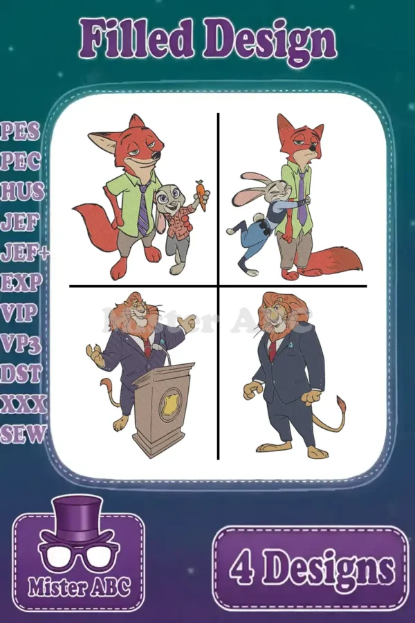 Zootopia embroidery bundle featuring Nick Wilde, Judy Hopps, and Mayor Lionheart in four distinct filled patterns.
