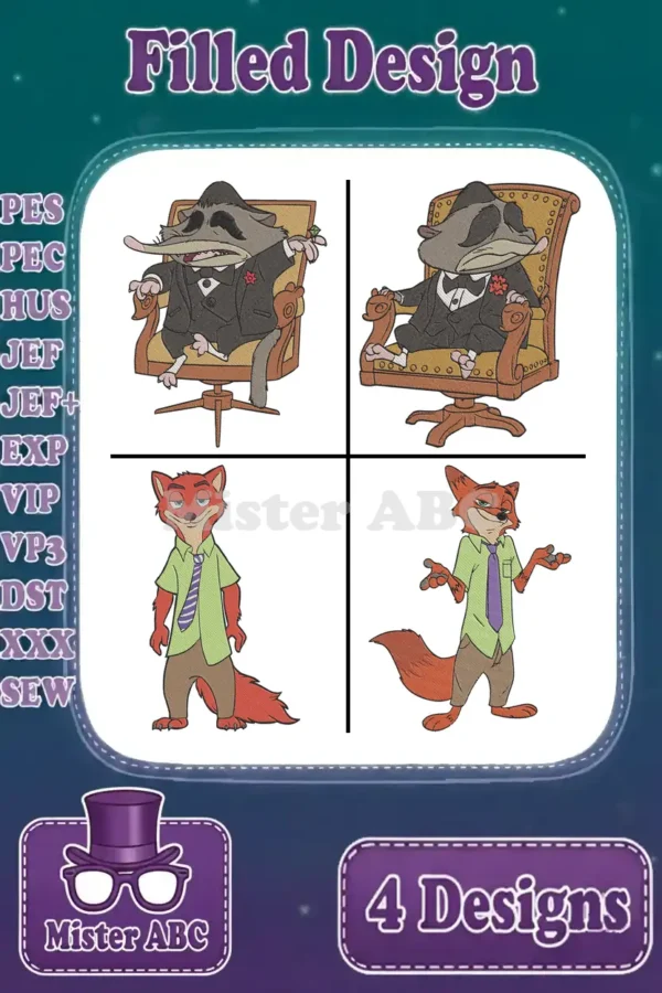 Four filled Zootopia embroidery designs: two Mr. Big variations in a chair, two Nick Wilde poses. Shows supported formats.