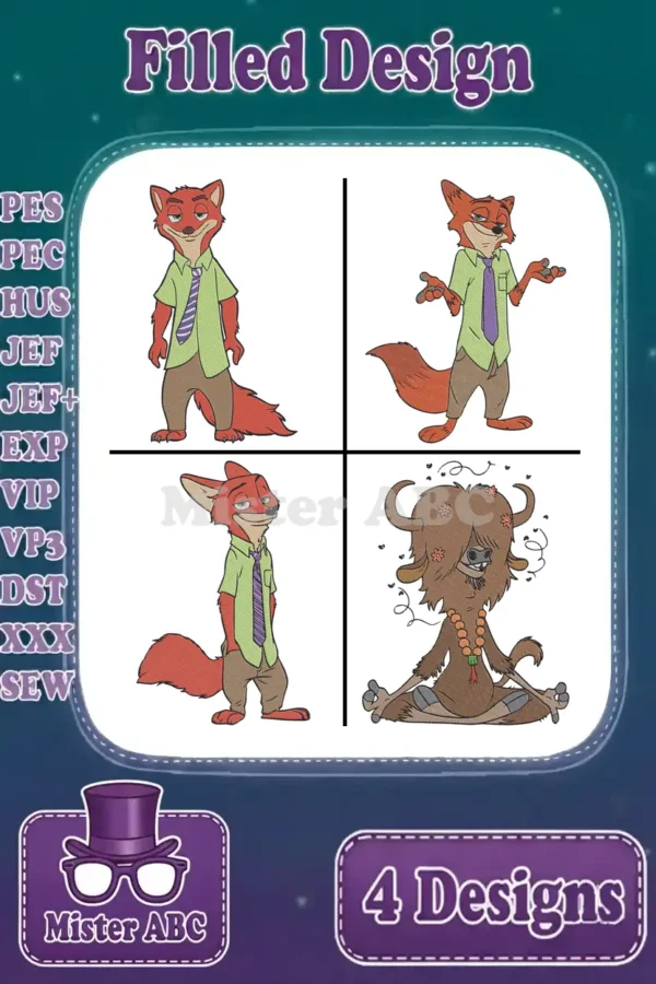 A collage of four filled embroidery designs: three distinct poses of Nick Wilde and one of Yax meditating.