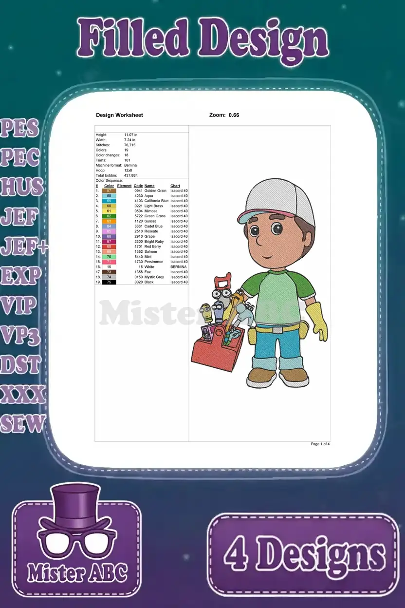Detailed design worksheet for the first Handy Manny embroidery, showing stitch count, color sequence, and dimensions.