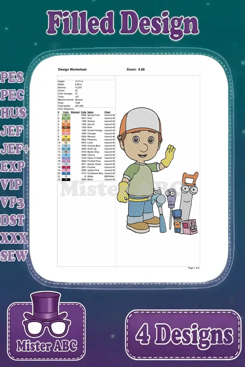 Design worksheet for the second Handy Manny embroidery, featuring him waving with his tools, showing detailed specs.