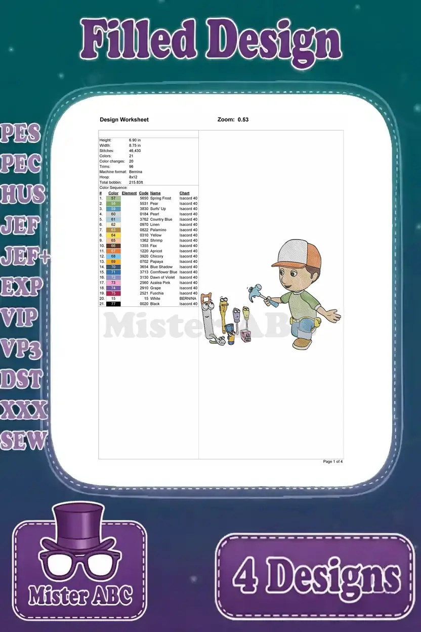 Design worksheet for the third Handy Manny embroidery, featuring him hammering with his tools, showing detailed specs.