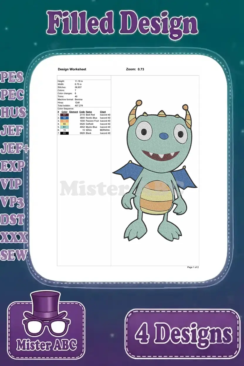 Design worksheet for the blue monster embroidery, detailing dimensions, stitch count, color sequence, and thread types.
