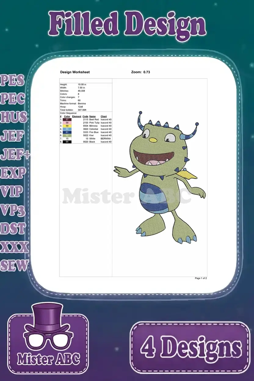 Design worksheet for the first green monster embroidery, showing stitch count, dimensions, and color sequence.