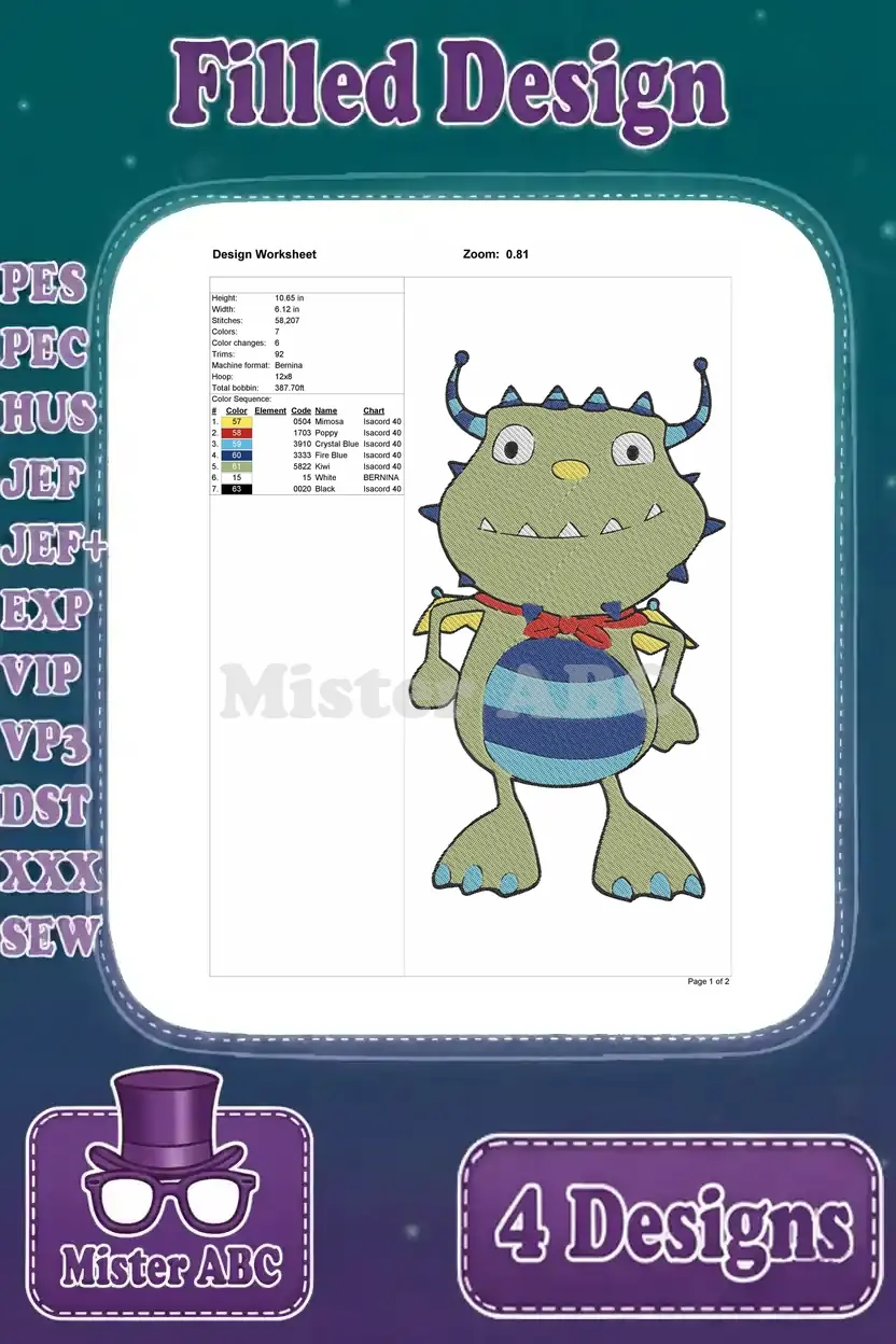 Design worksheet for the second green monster embroidery, outlining stitch count, dimensions, and color sequence.