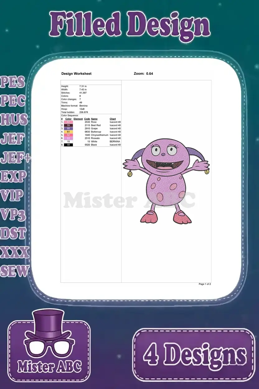 Design worksheet for the pink monster embroidery, detailing dimensions, stitch count, color sequence, and thread types.