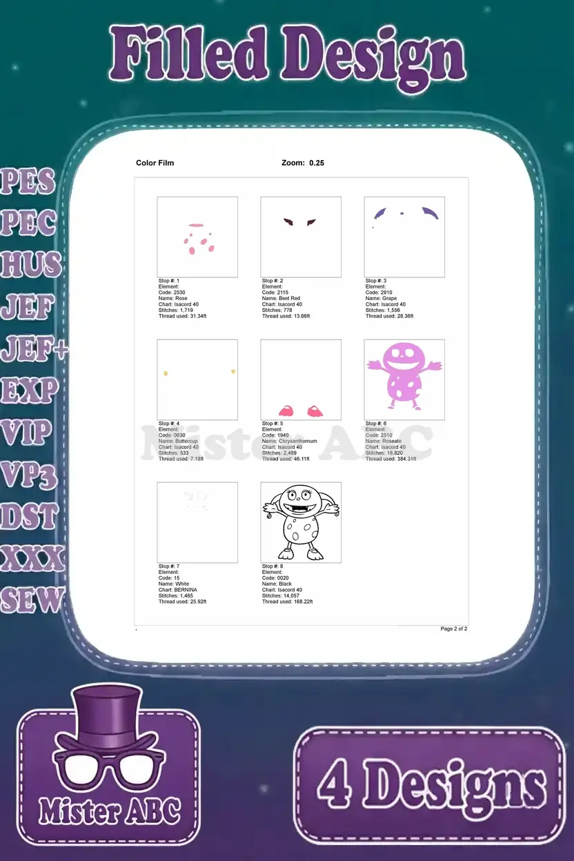 Color film breakdown for the pink monster embroidery design, showing each individual color layer and stitch stop.