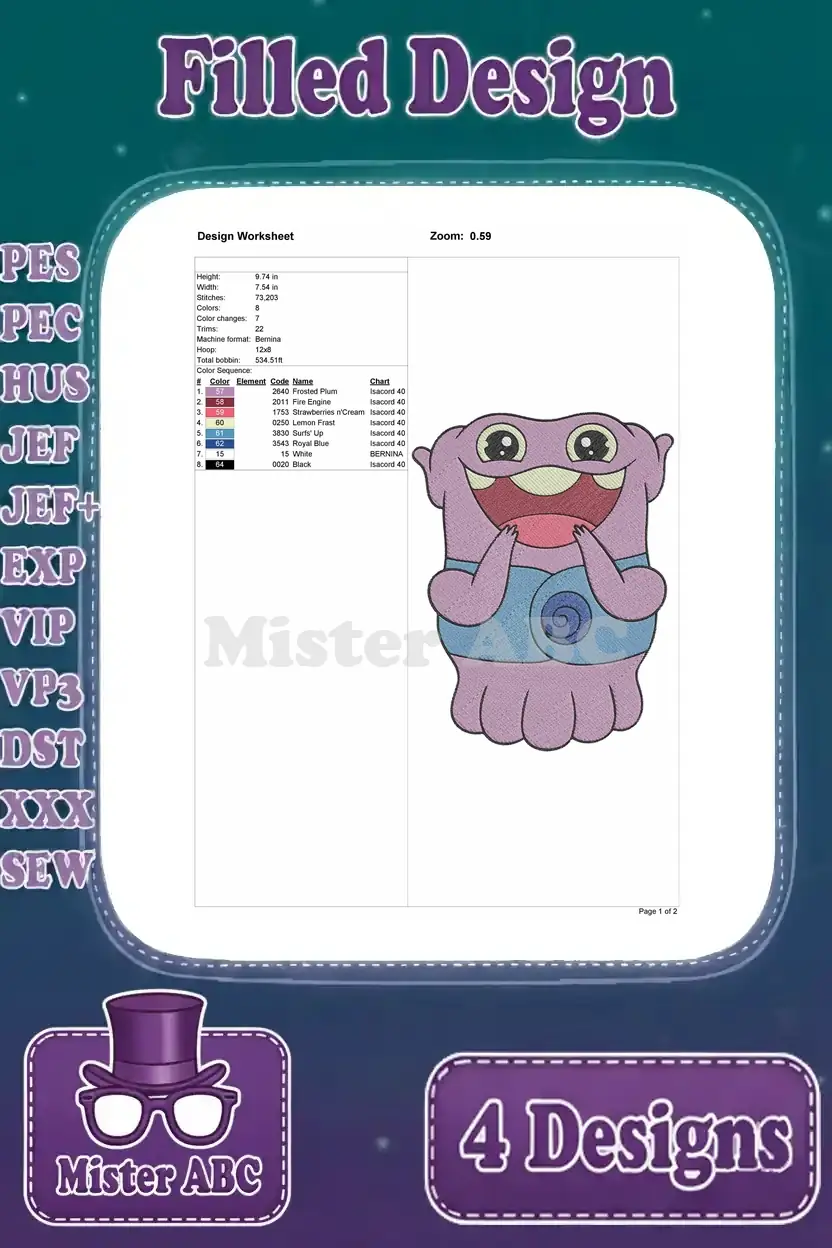 Detailed design worksheet for the 'Oh' filled embroidery design, showing dimensions, stitch count, and color sequence.