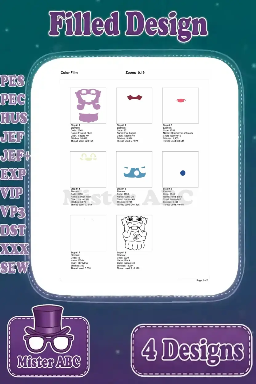 Color film breakdown for the 'Oh' filled embroidery design, illustrating the stitch sequence for each thread color.