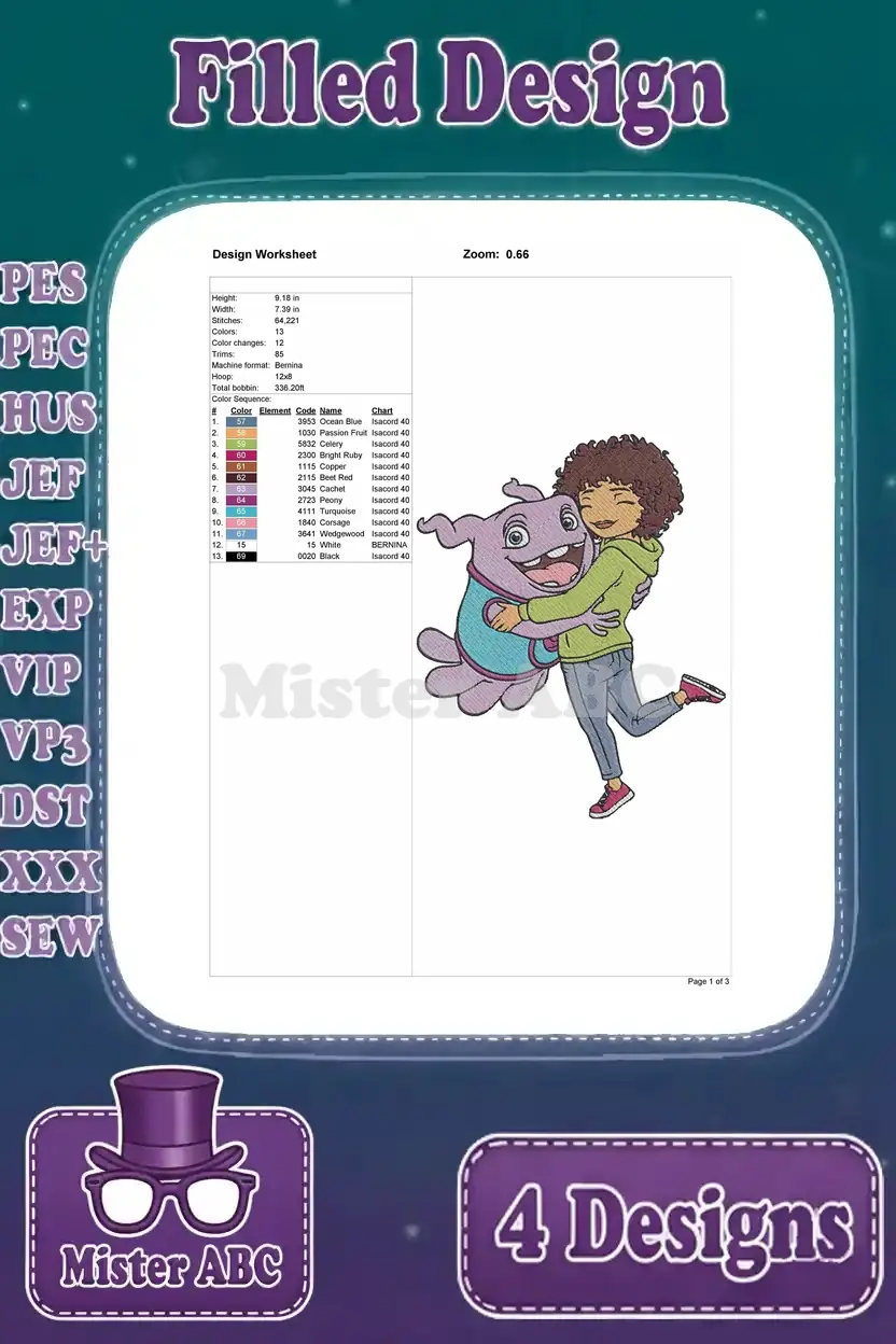 Design worksheet for the 'Tip and Oh' filled embroidery design, detailing size, stitch count, and color sequence.