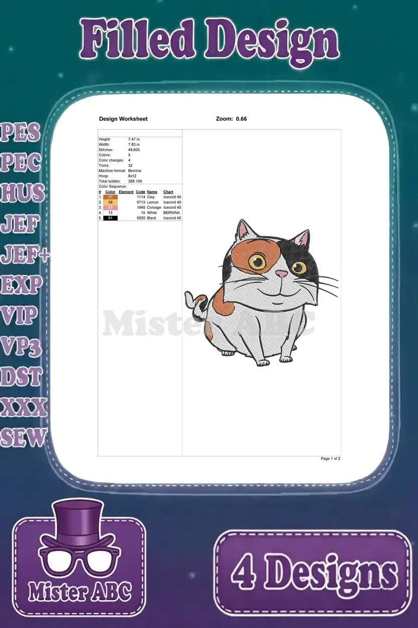 Design worksheet for the charming calico cat filled embroidery design, with dimensions, stitches, and color chart.
