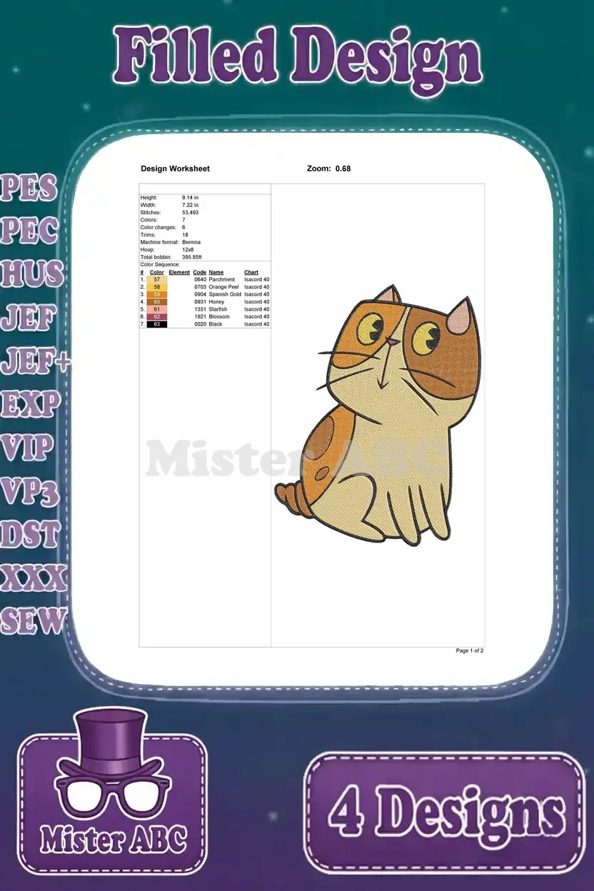 Design worksheet for the adorable orange tabby cat filled embroidery design, detailing size, stitches, and colors.