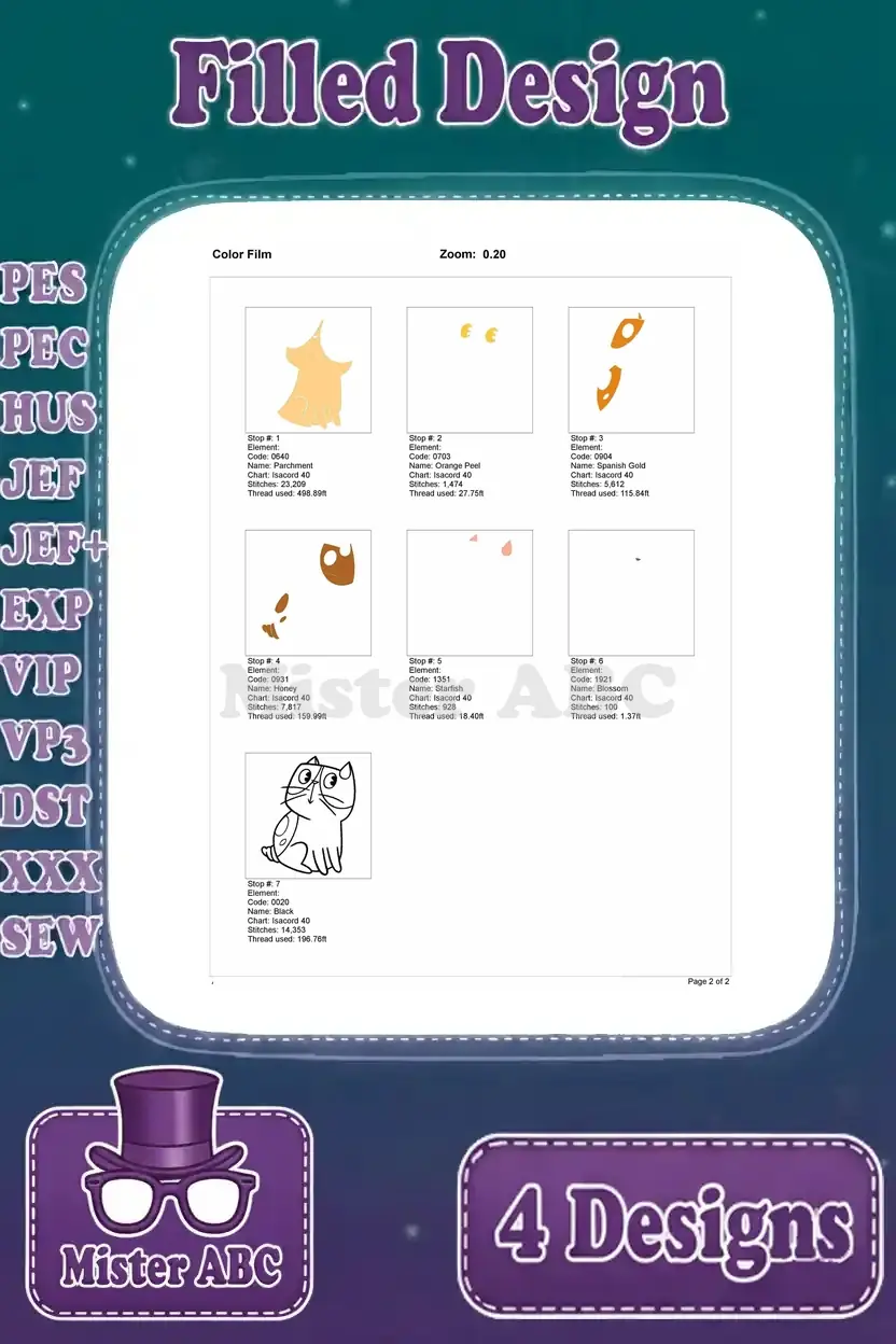 Color film depicting the stitch sequence for the charming orange tabby cat filled embroidery design, layer by layer.