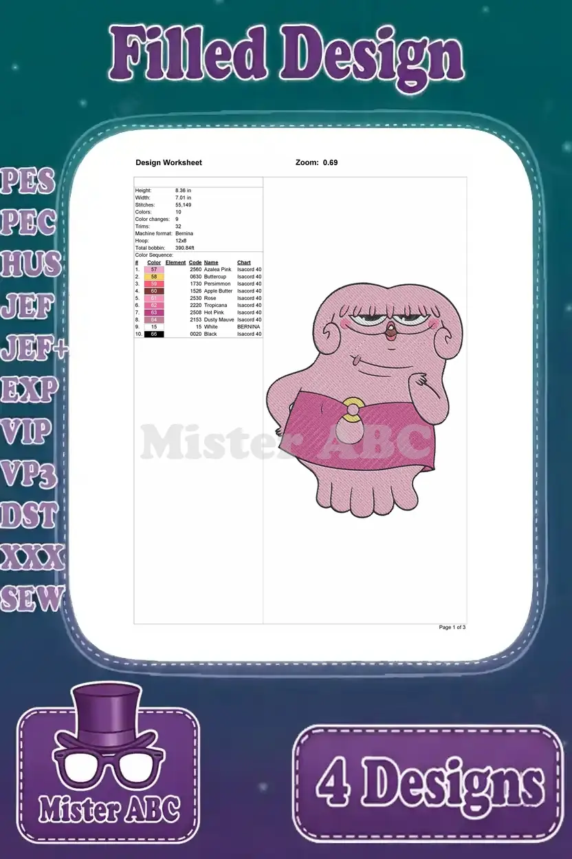Design worksheet for the Pinky character, detailing stitch count, color changes, and thread information for embroidery.