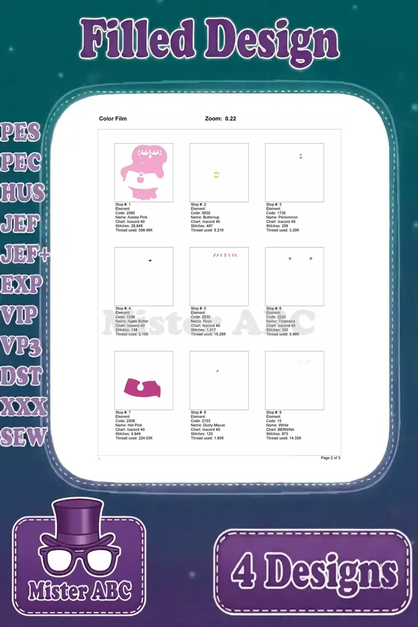 Color film page 2 for the Pinky embroidery design, showing thread stop sequences and design elements.