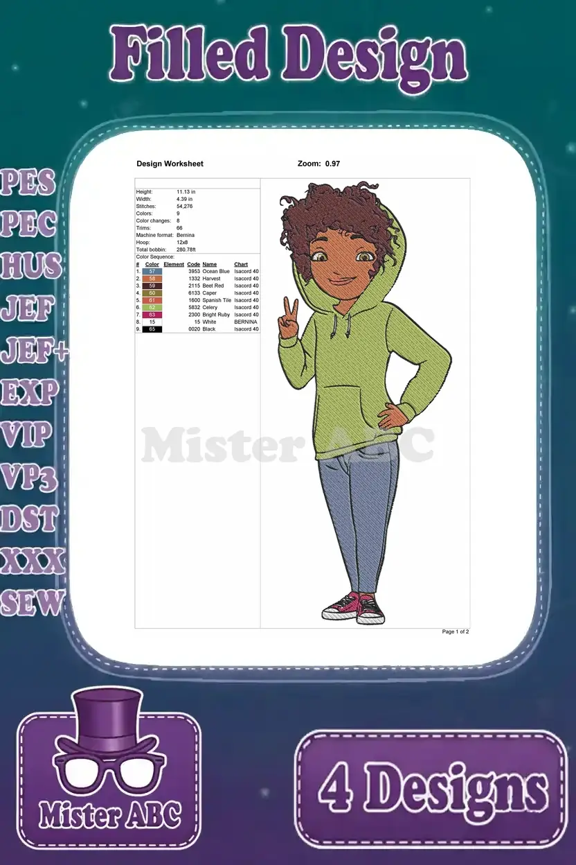 Design worksheet for Ronnie Anne Santiago, detailing stitch count, color changes, and thread information.