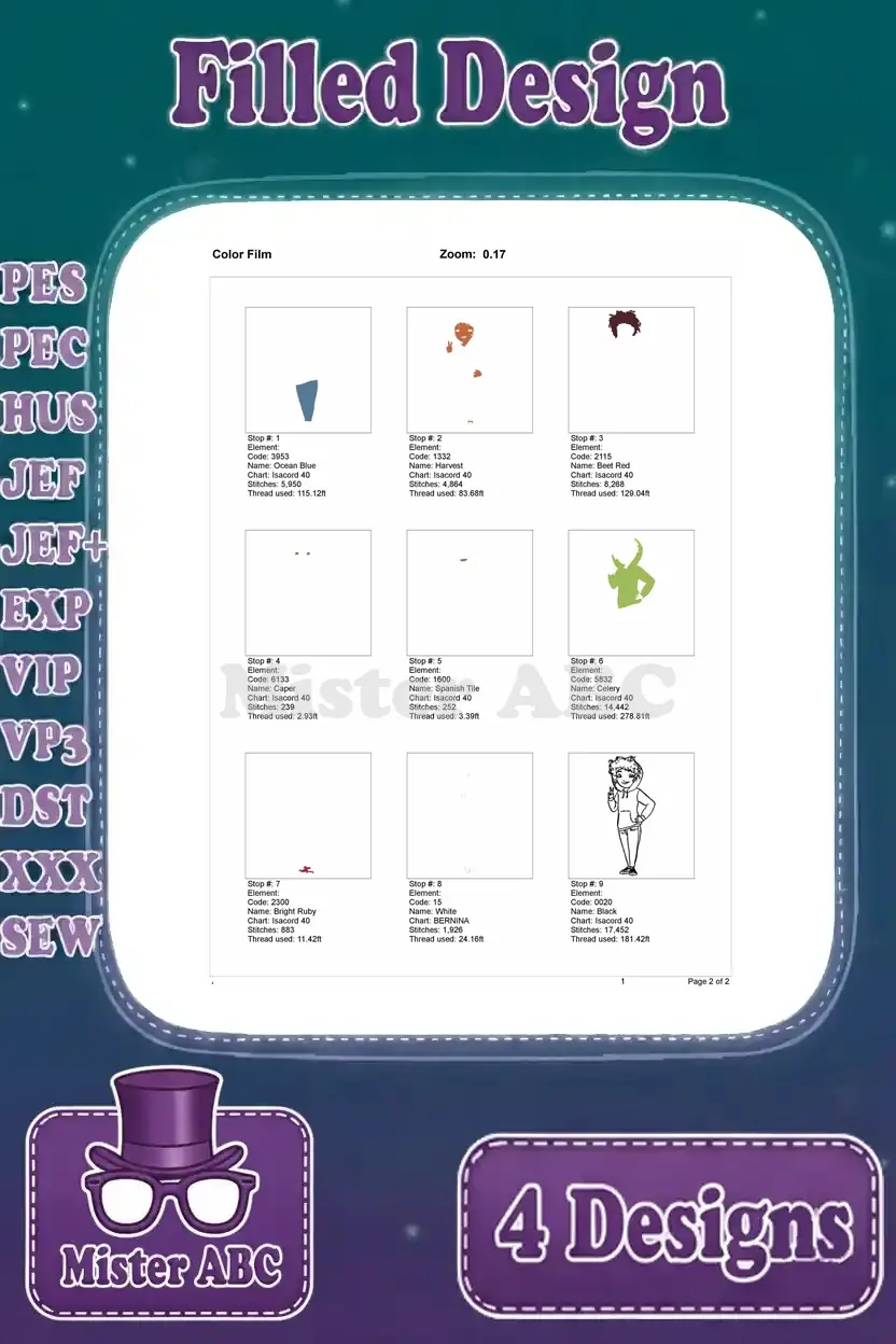 Color film for Ronnie Anne Santiago embroidery design, showing thread stop sequences and design elements.